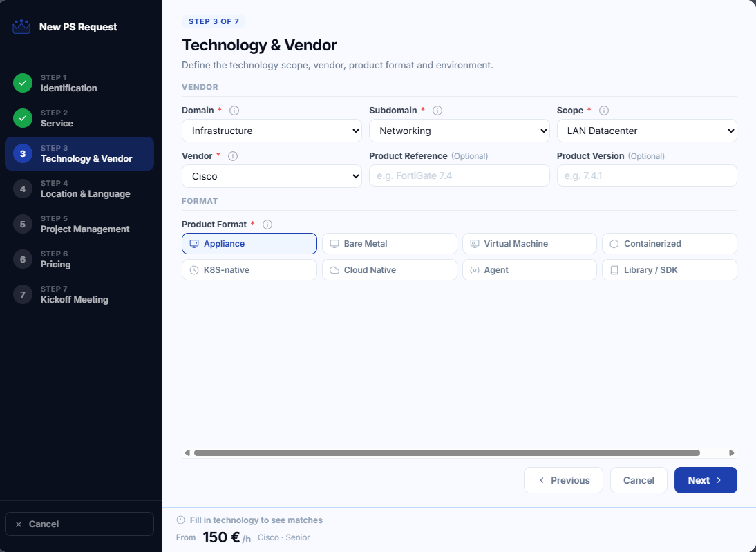 PS Request step 3 : Technology & Vendor